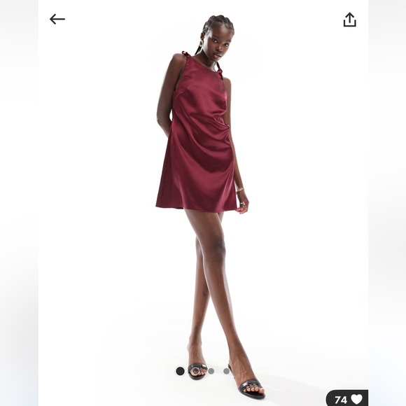 ASOS DESIGN satin mini shift dress with shoulder bows in burgundy - Picture 1 of 5